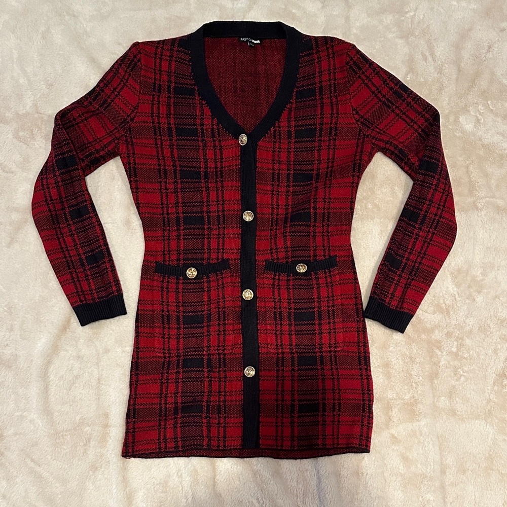 Fashion Nova Red and Black Plaid Sweater Dress